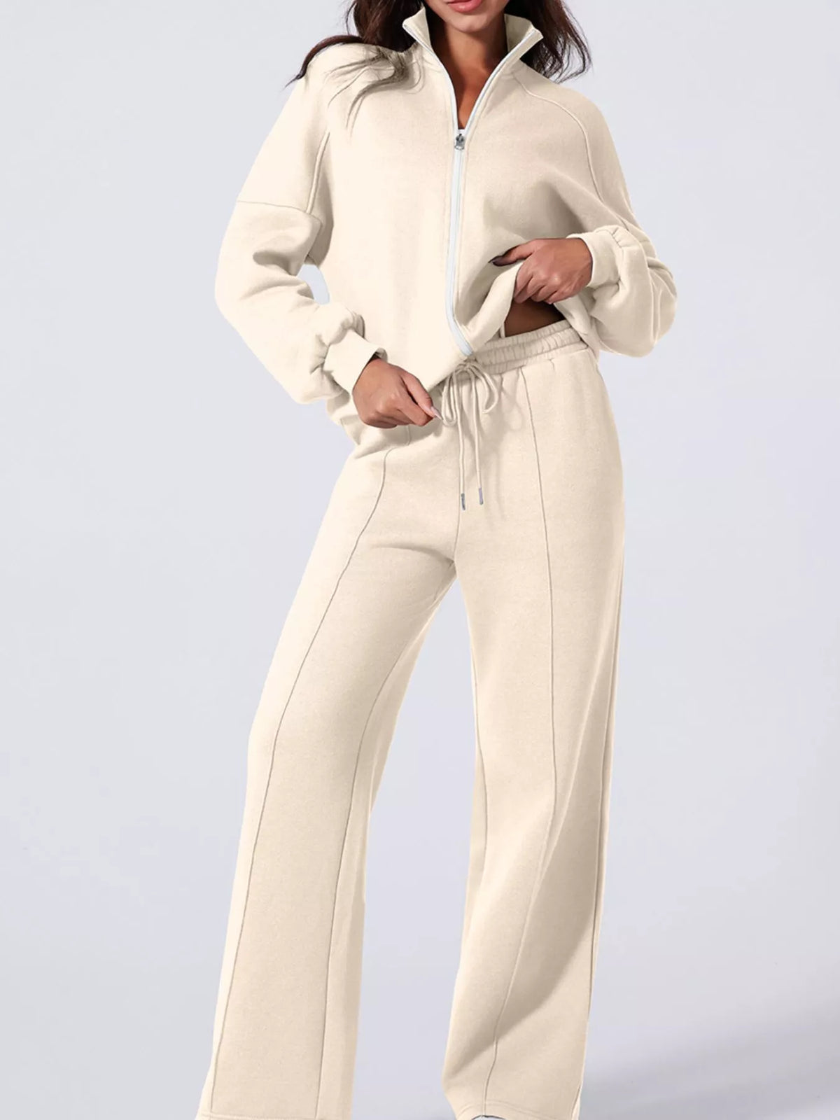 Drop Shoulder Zip Up Jacket Drawstring Pants Active 2pcs Set (4)