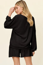 Full Size Texture V-neck Long Sleeve T-shirt Shorts Set (12)
