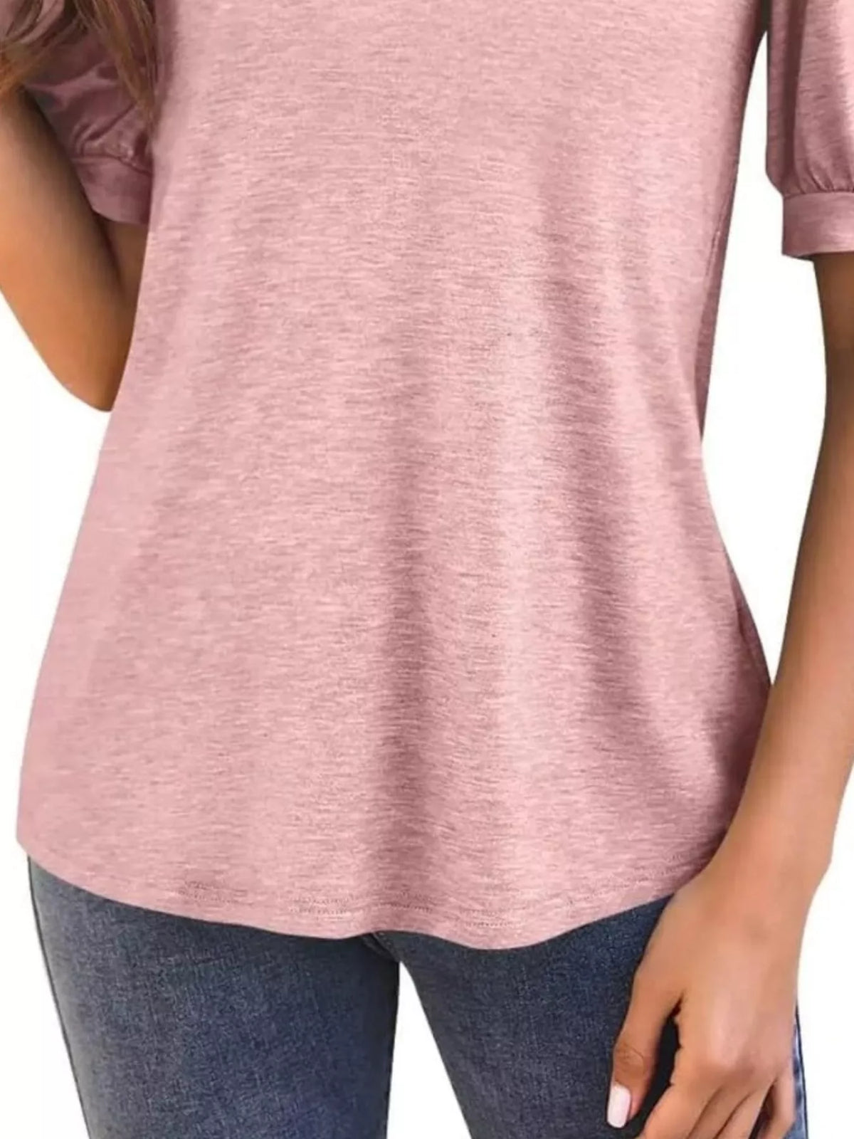 Puff Sleeve Notched Casual T-shirt (12)