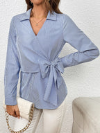 Bow Tie Waist Johnny Collar Neck Striped Blouse (7)