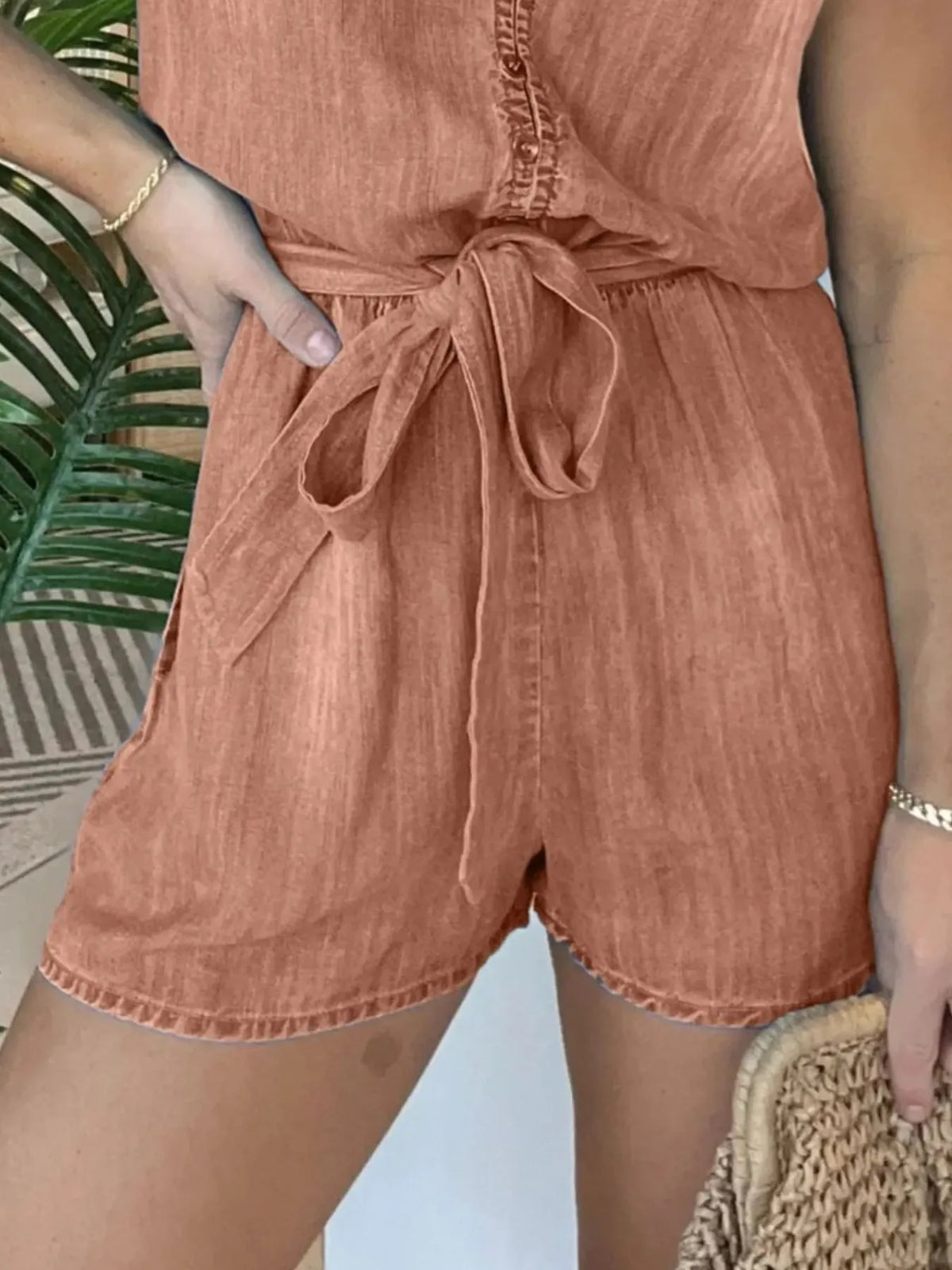 Full Size Tie Waist Cap Sleeve Denim Romper Plus (12)