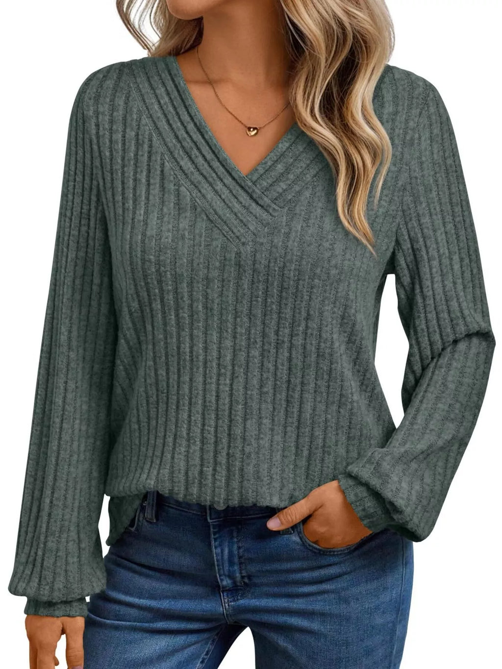 Ribbed Knit V-neck Long Sleeve T-shirt (4)