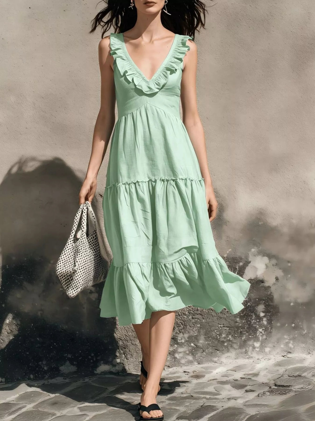 Full Size Ruffled V-neck Tiered Midi Dress Plus (10)