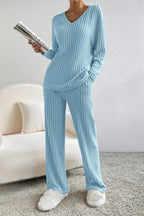 Ribbed V-neck Top Pants Set (13)
