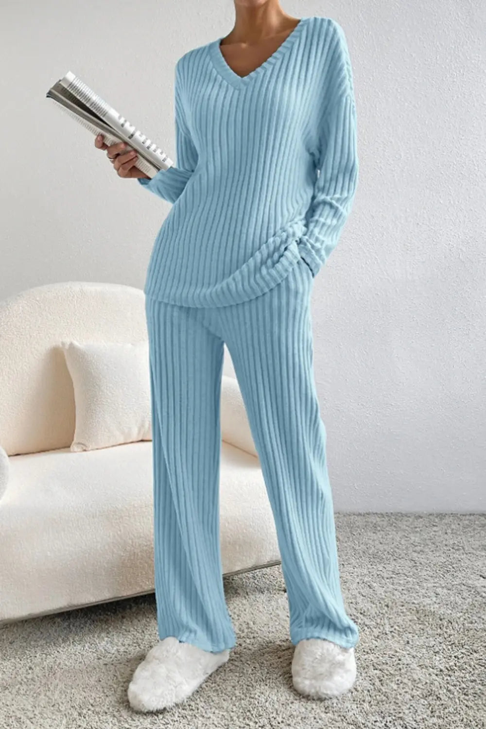 Ribbed V-neck Top Pants Set (13)
