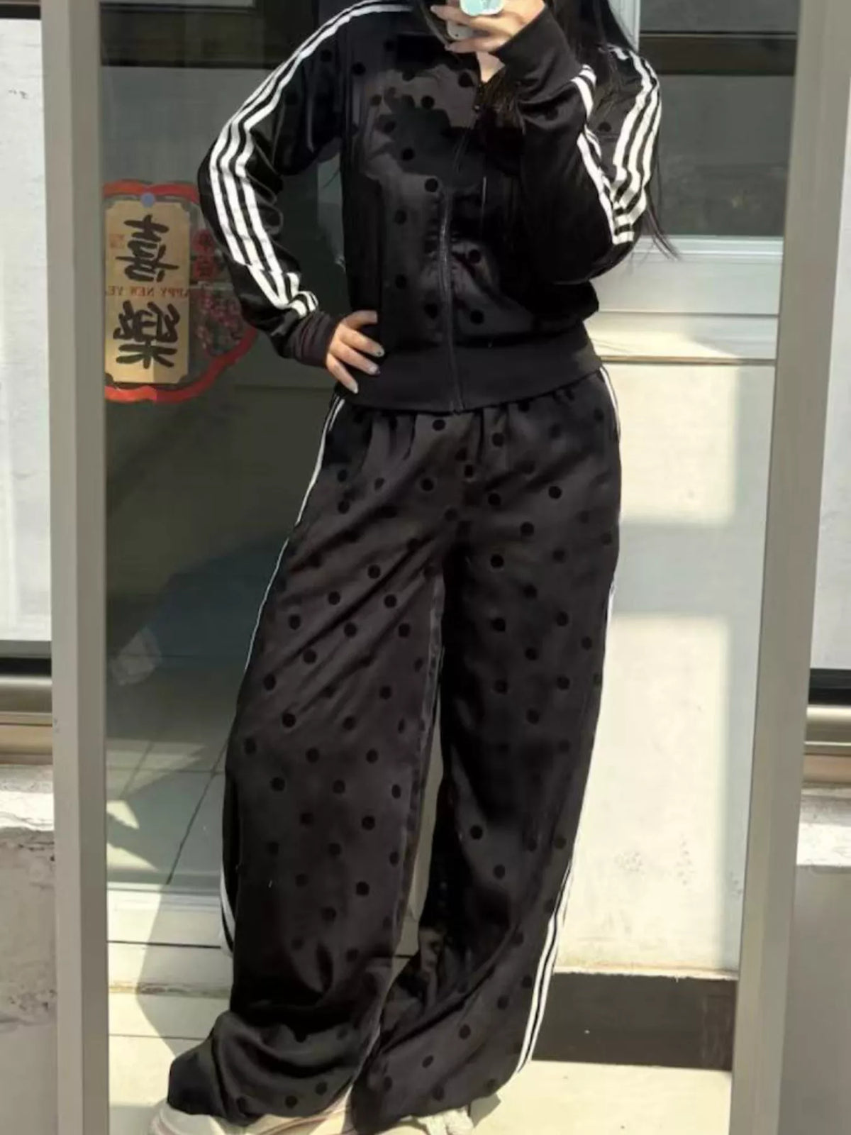 Polka Dot Side Striped Outerwear Pants Set (21)