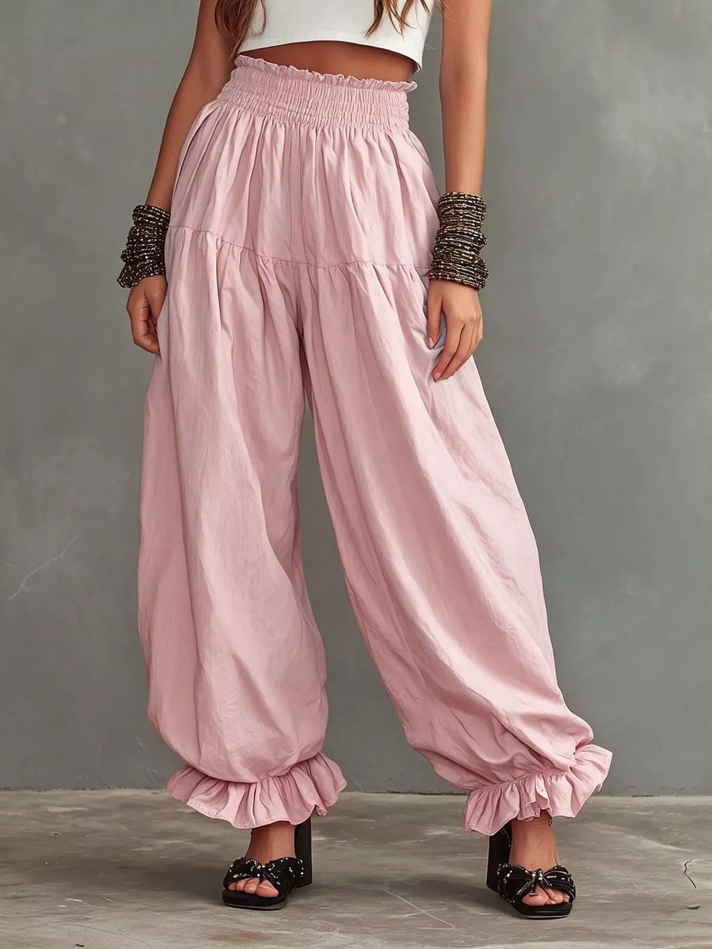 Full Size Smocked Ruffle Hem Wide Leg Pants Plus (4)