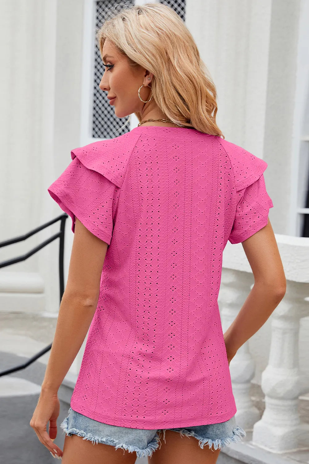 Eyelet Notched Flutter Sleeve T-shirt (24)