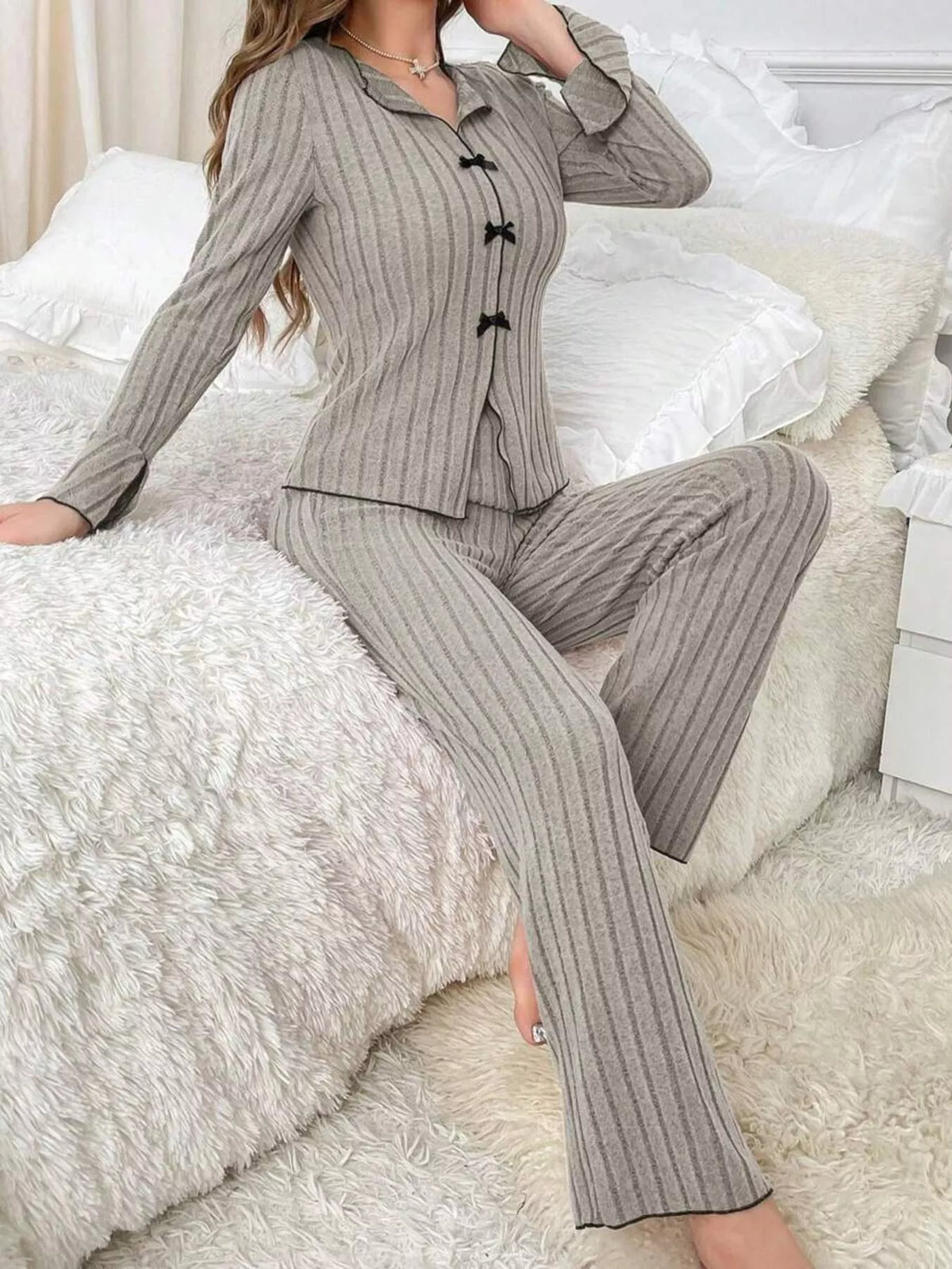 Contrast Bow Detail Top Pants Lounge Set (9)