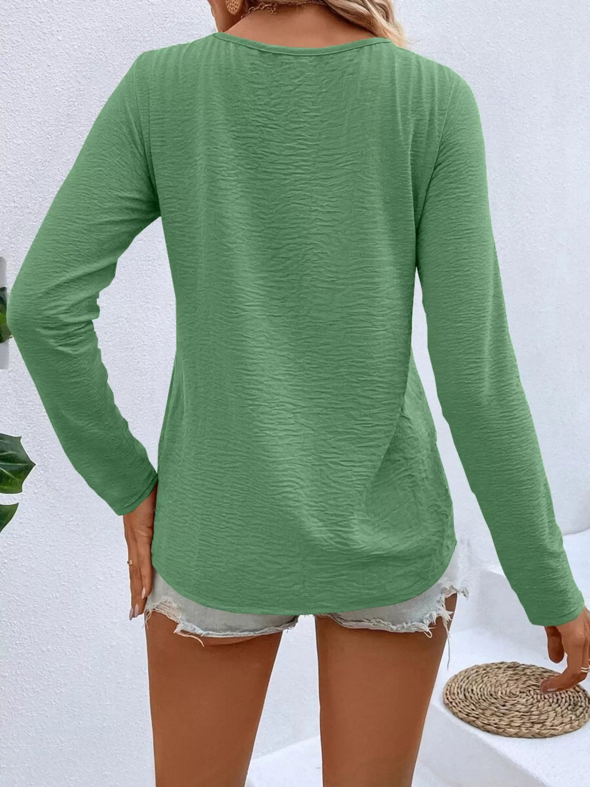 Full Size V-neck Decor Button Long Sleeve T-shirt Plus (21)