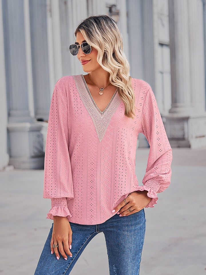 V-neck Eyelet Flounce Sleeve Blouse (5)