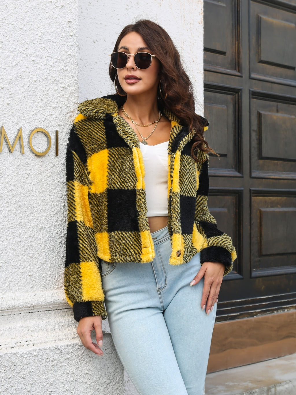 Plaid Dropped Shoulder Buttoned Jacket (3)