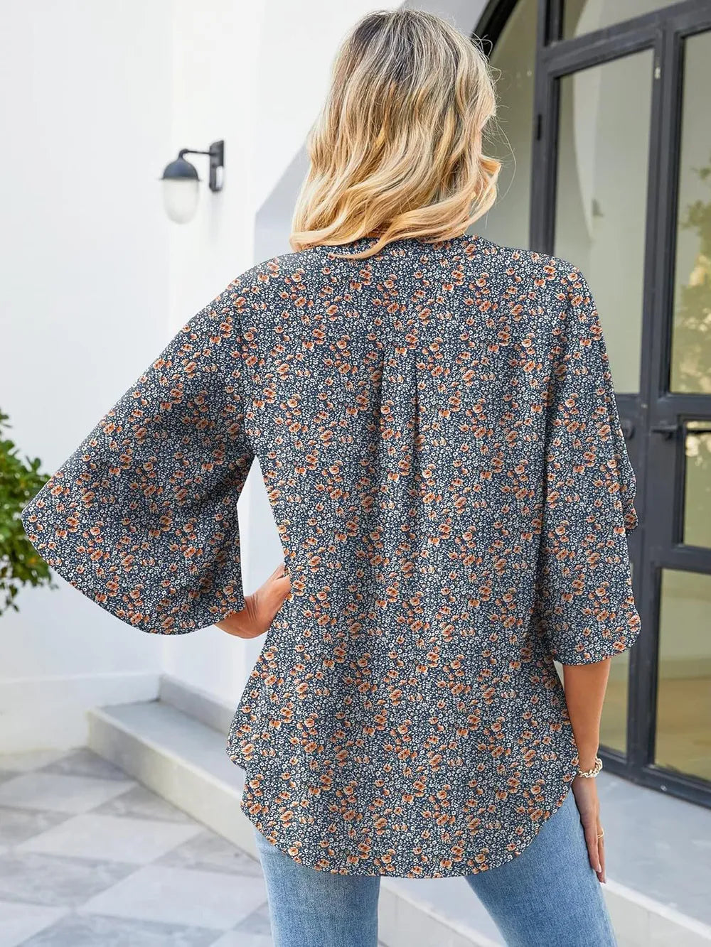 Printed Notched Half Sleeve Blouse (3)