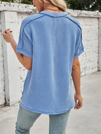 Cord Ribbed V-neck Short Sleeve T-shirt (13)