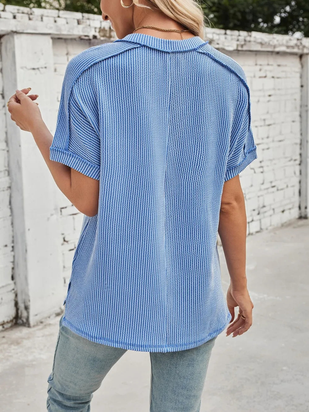 Cord Ribbed V-neck Short Sleeve T-shirt (13)