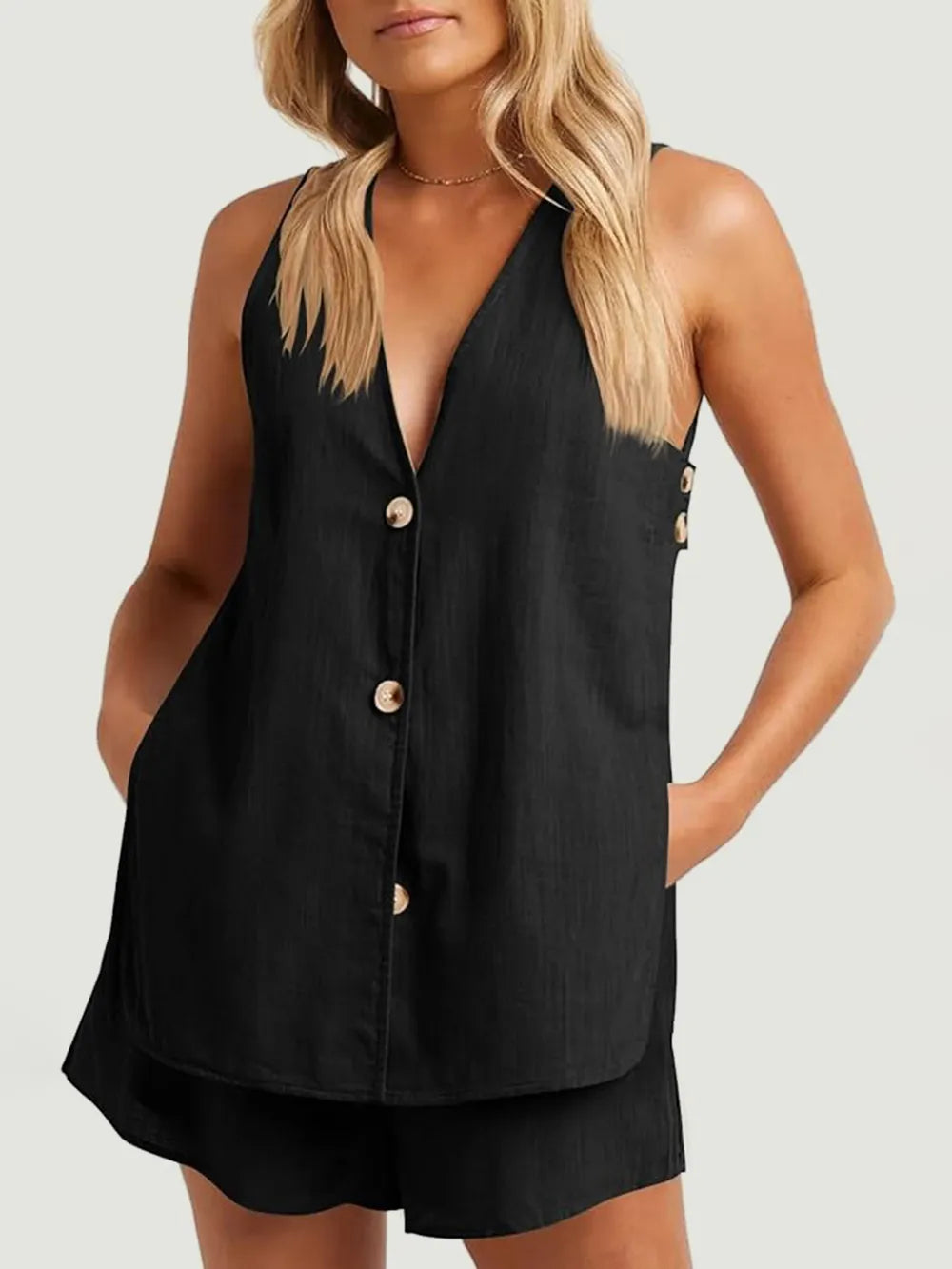 Full Size Button Up Top Shorts Set (4)