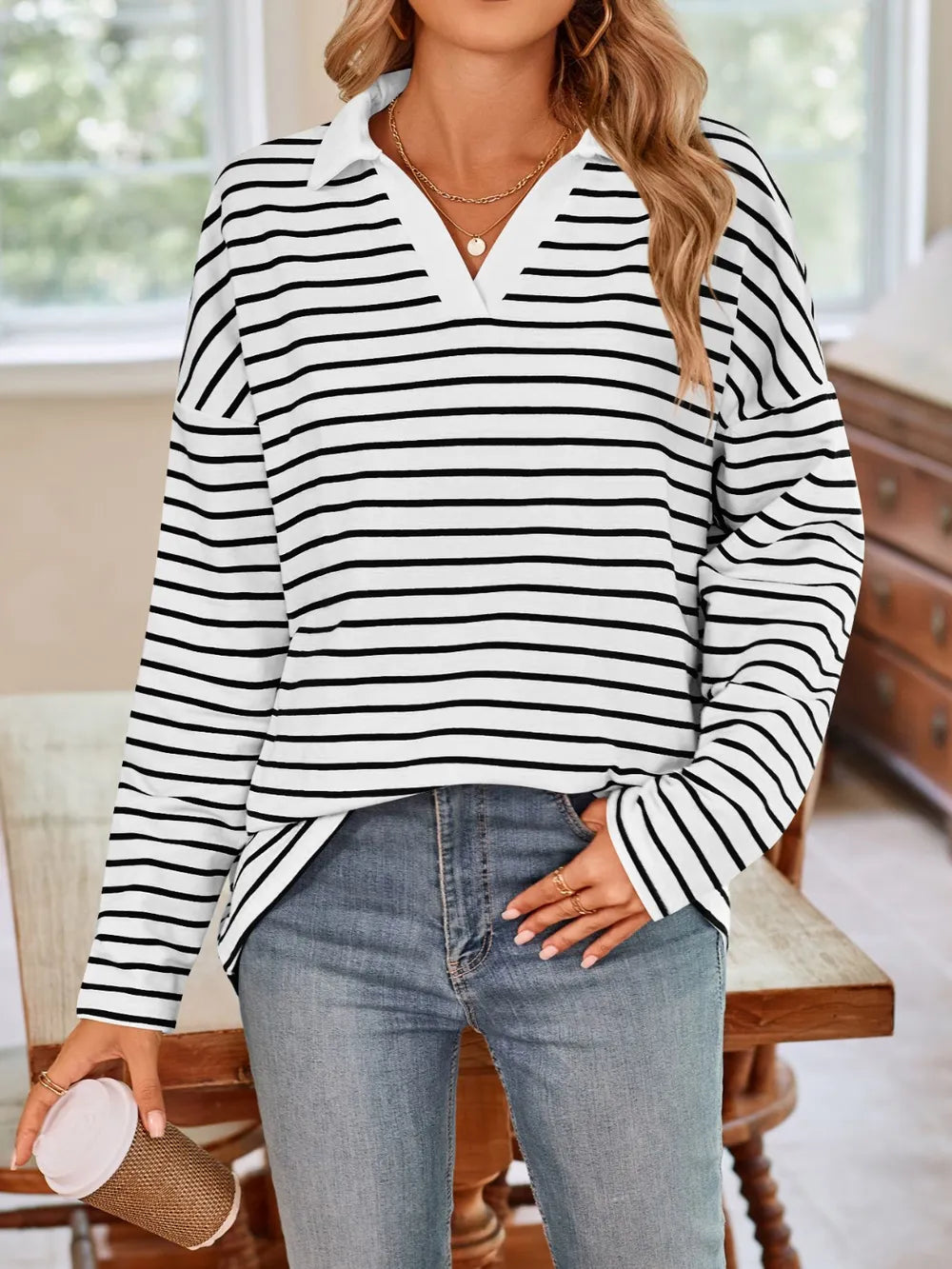 Striped Johnny Collar Long Sleeve T-shirt (11)