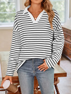 Striped Johnny Collar Long Sleeve T-shirt (11)