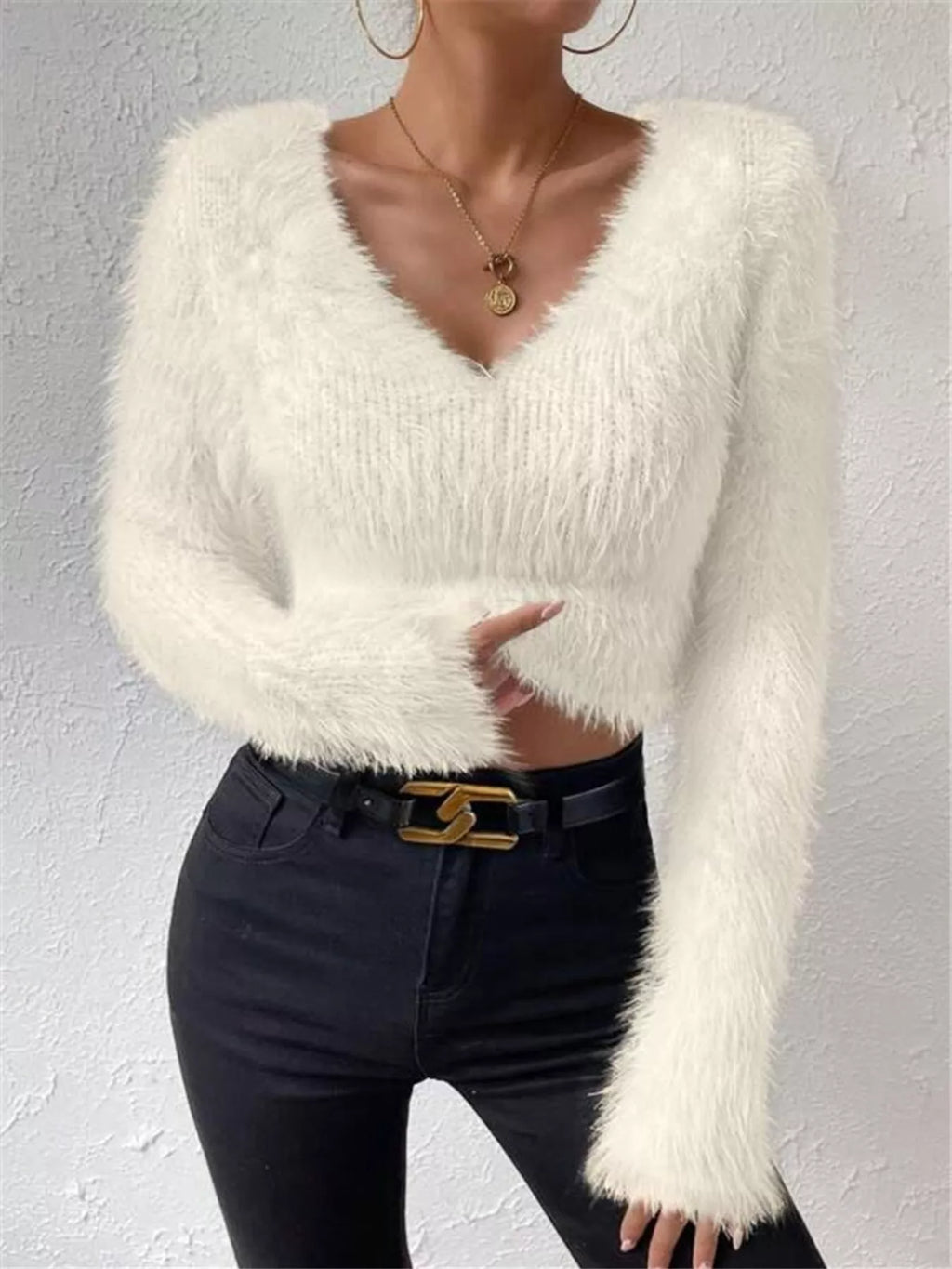 Fluffy Knit V-neck Sweater