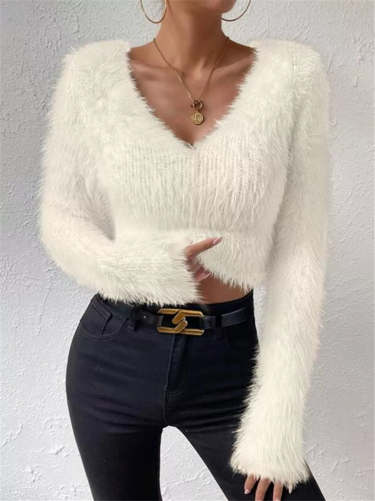 Fluffy Knit V-neck Sweater