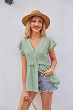 Buttoned V-neck Ruffle Trim Top