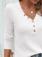 Waffle Knit Button-detail V-neck T-shirt (3)