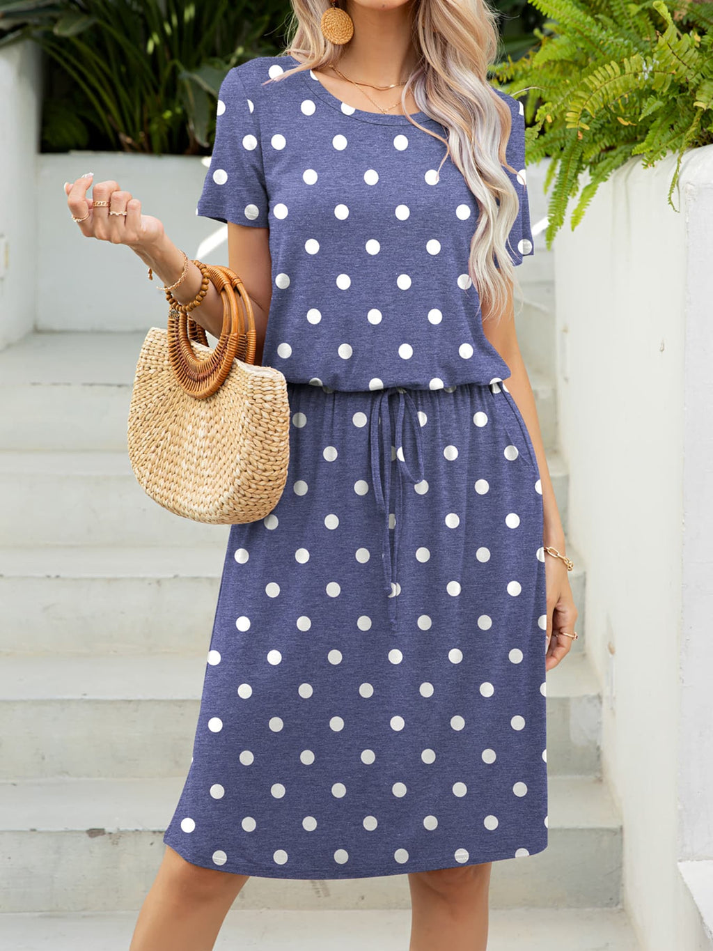 Round Neck Short Sleeve Slit Dress Pockets (20)