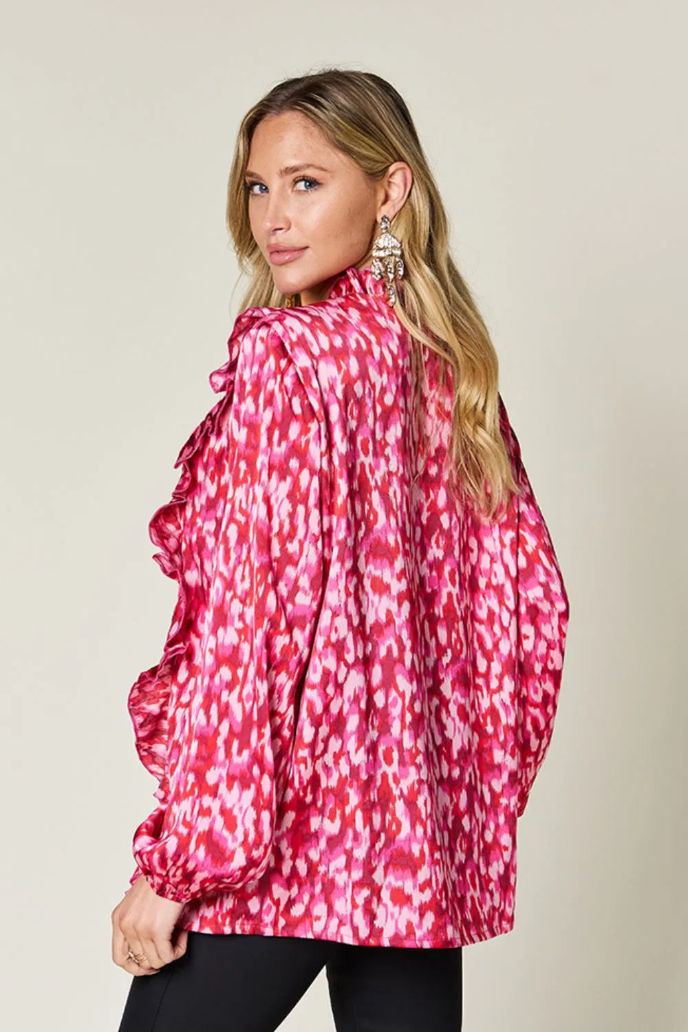 Full Size Printed Ruffle Trim Balloon Sleeve Shirt Plus (17)