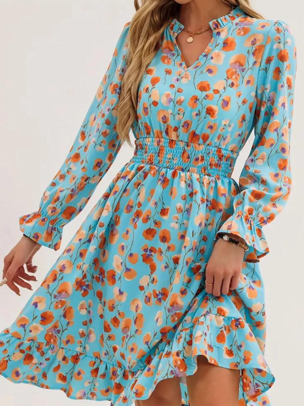 Floral Notched Flounce Sleeve Dress (10)