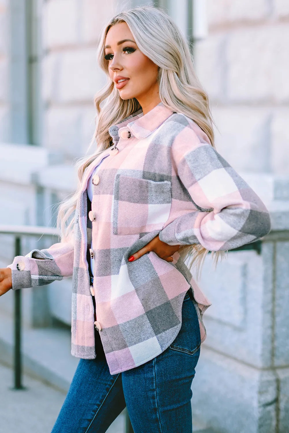 Plaid Button Up Dropped Shoulder Jacket (9)