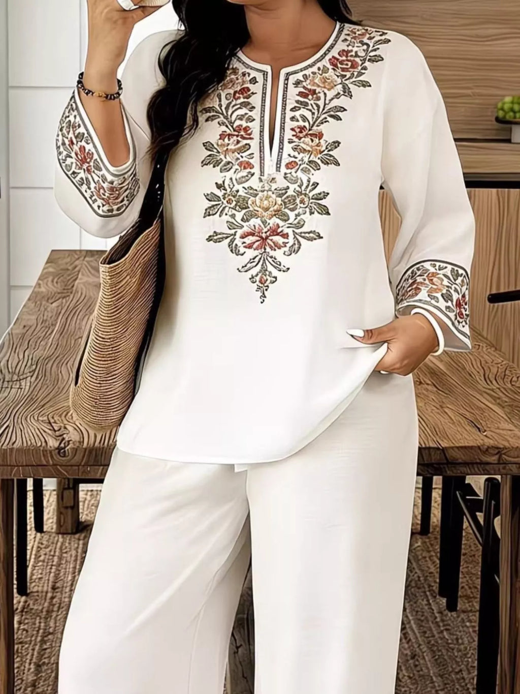 Full Size Embroidered Long Sleeve Top Pants Set Plus (2)
