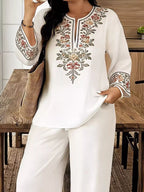 Full Size Embroidered Long Sleeve Top Pants Set Plus (2)