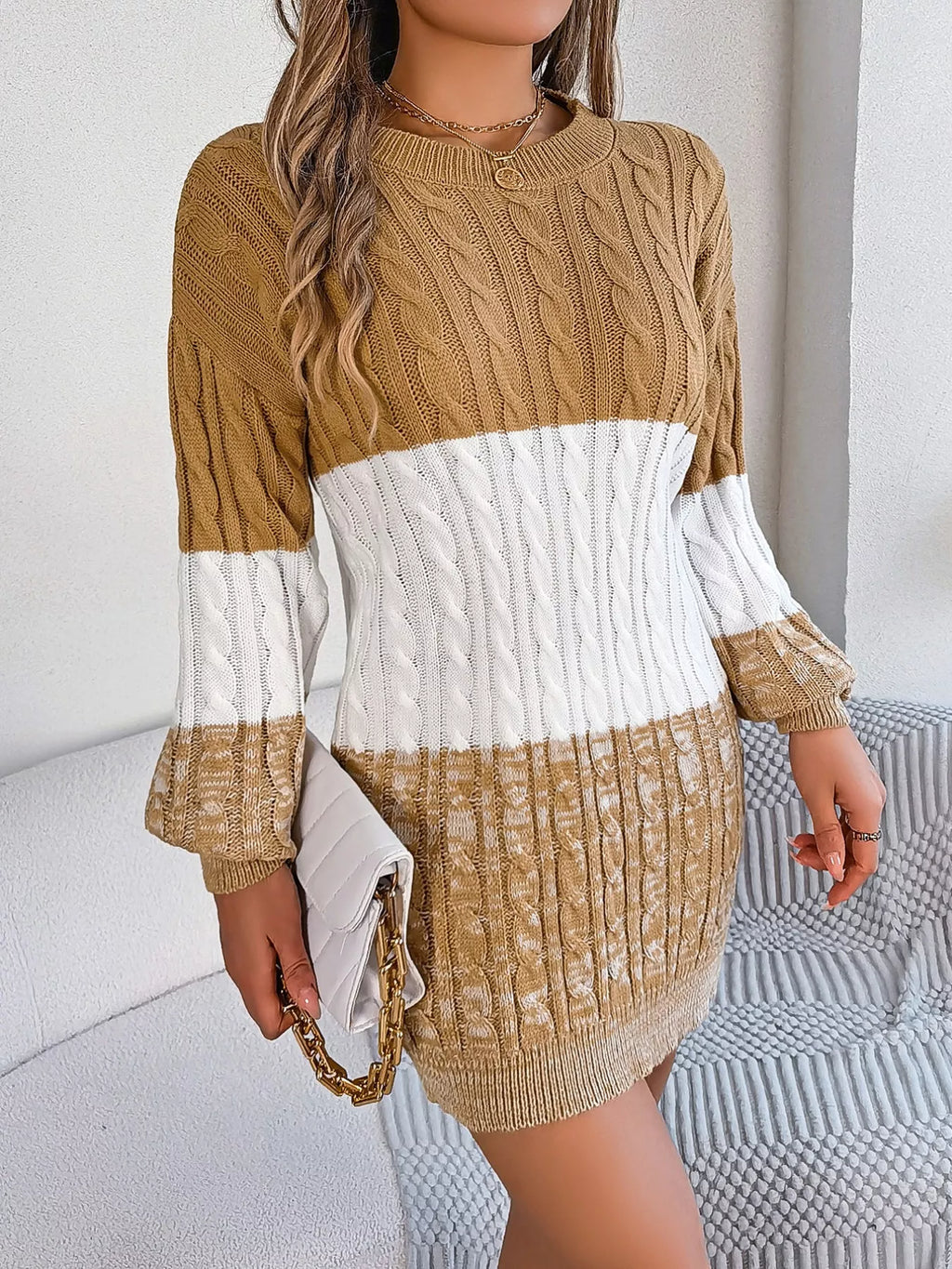 Block Cable Knit Sweater Dress Textured Pattern (10)