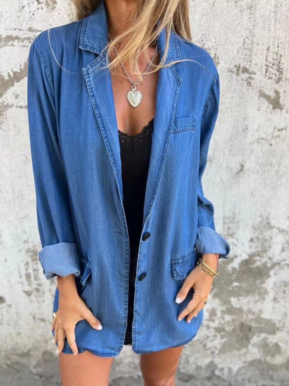 Full Size Button Down Denim Blazer Plus (3)