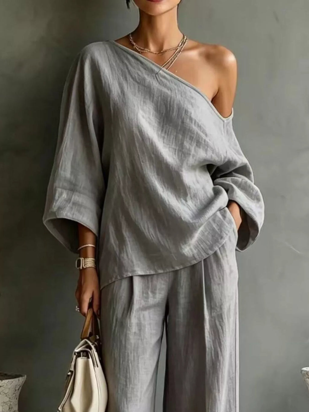 One Shoulder Top Wide Leg Pants Set (8)
