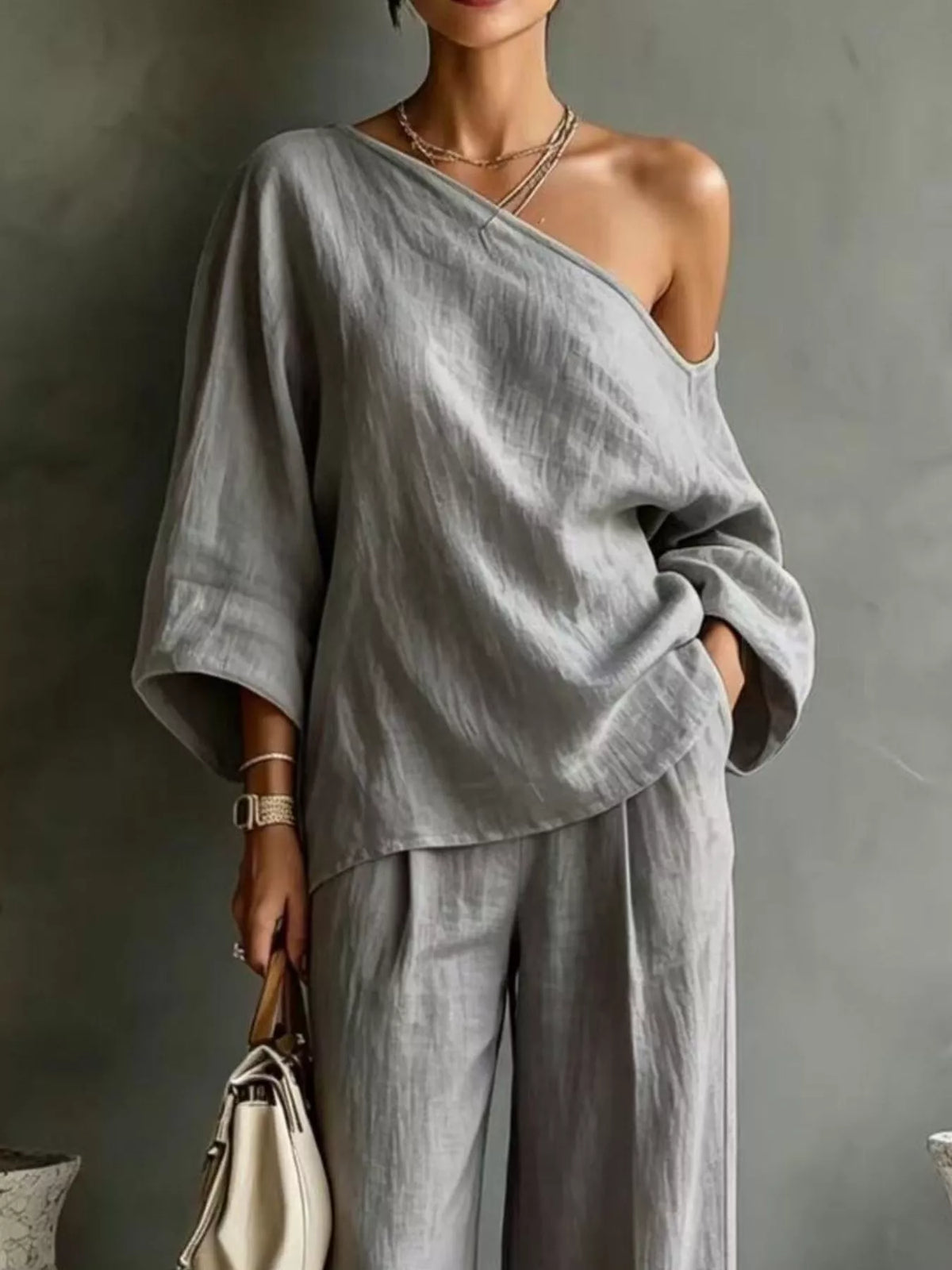 One Shoulder Top Wide Leg Pants Set (8)