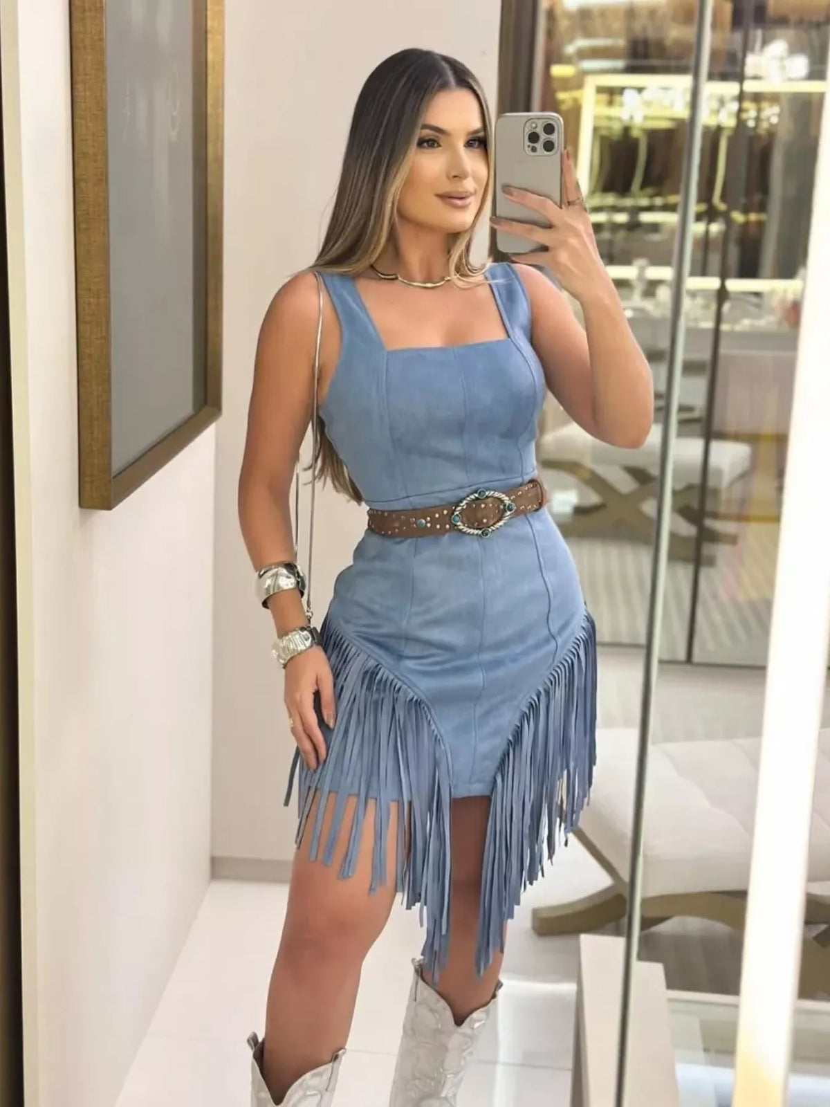 Sleeveless Fringed Mini Dress (2)