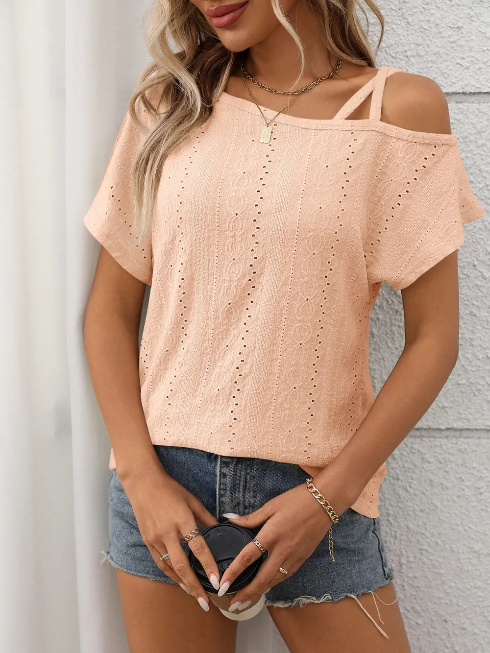 Eyelet Asymmetrical Shoulder Short Sleeve T-shirt