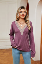 Contrast V-neck Long Sleeve Blouse (3)