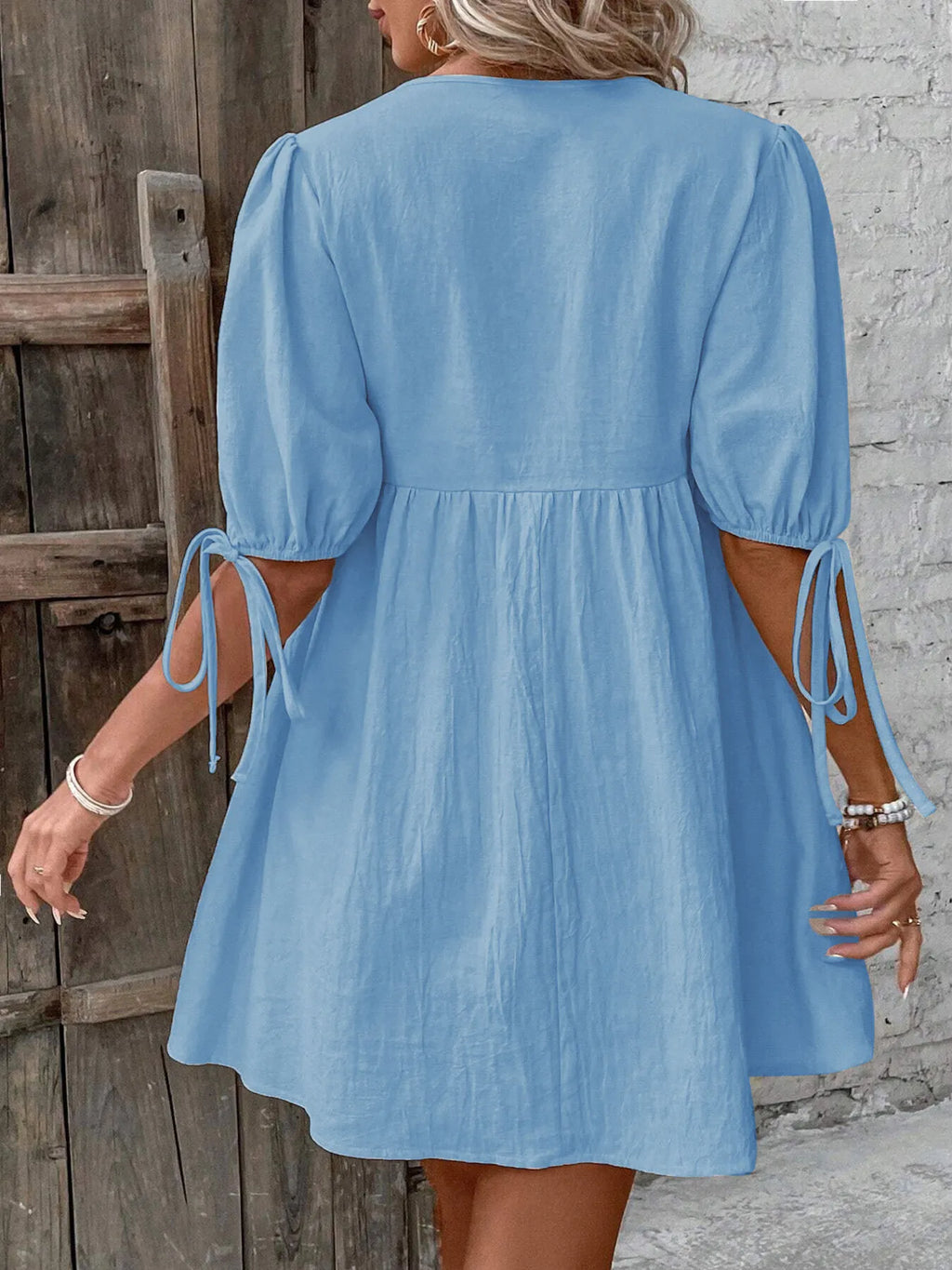 V-neck Tie-front Mini Dress Puff Sleeves (14)