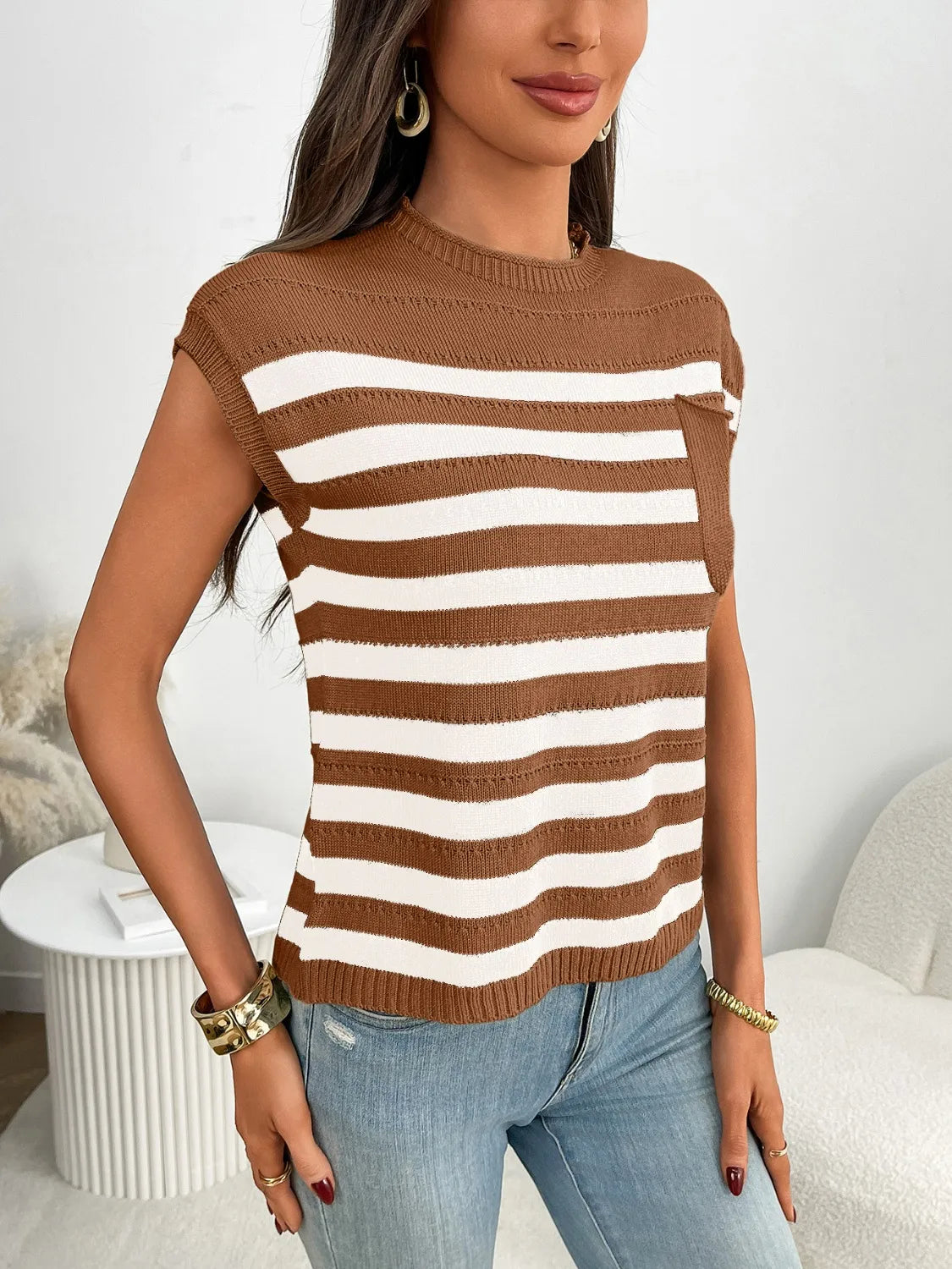 Striped Mock Neck Cap Sleeve Knit Top (4)