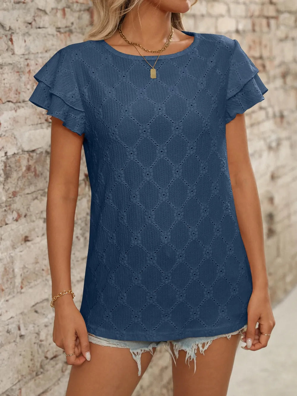 Eyelet Round Neck Double Layered Ruffled Short Sleeve Top (13)