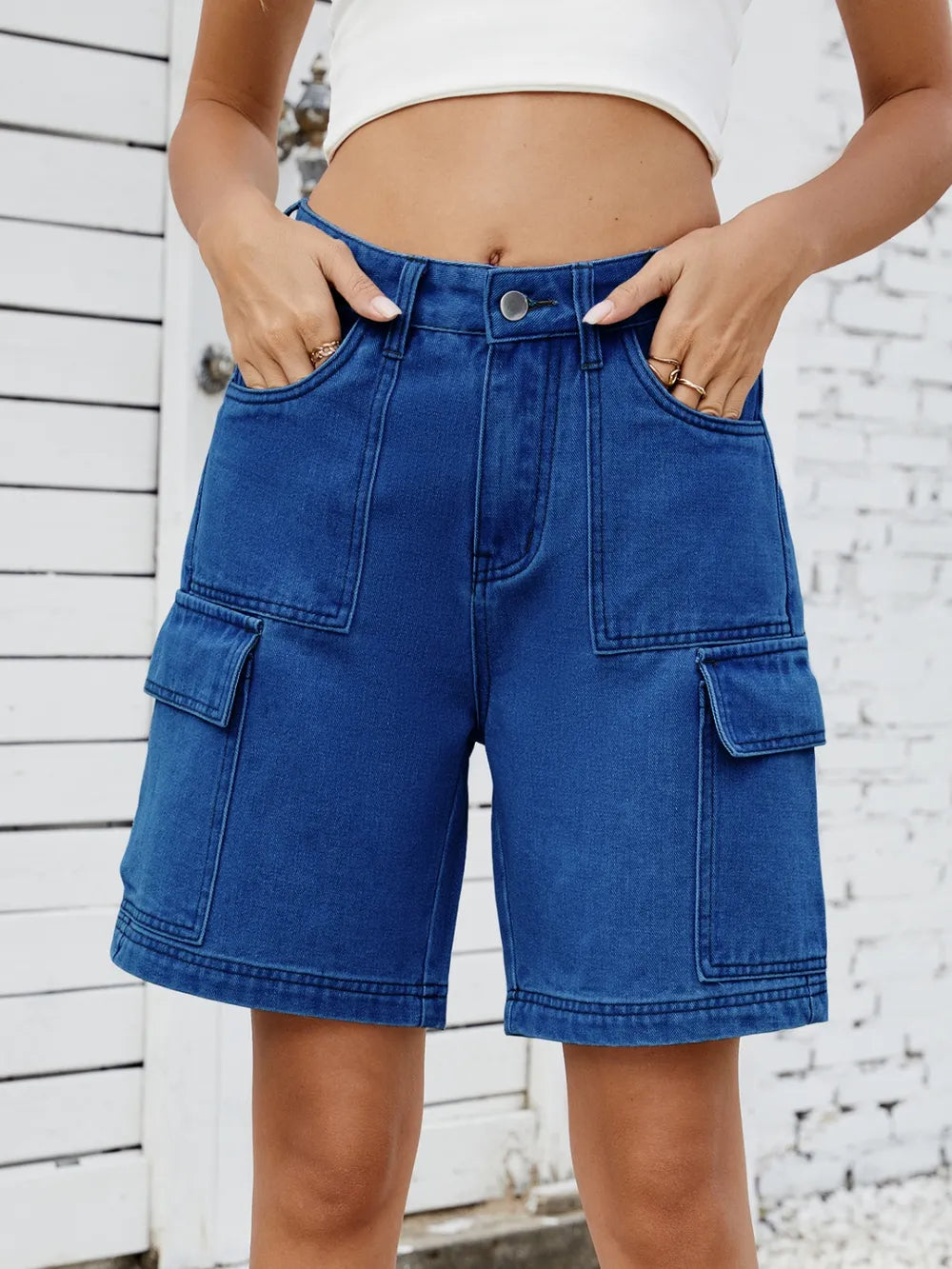 High Waist Denim Shorts Cargo Pockets (12)