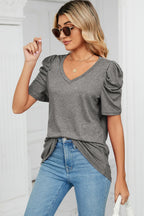 Heathered V-neck Puff Sleeve T-shirt (18)