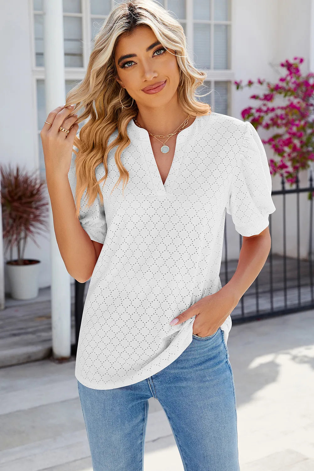 Eyelet Notched Puff Sleeve T-shirt (10)