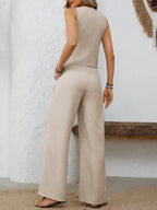 V-neck Button Down Vest Wide Leg Pants Set (2)