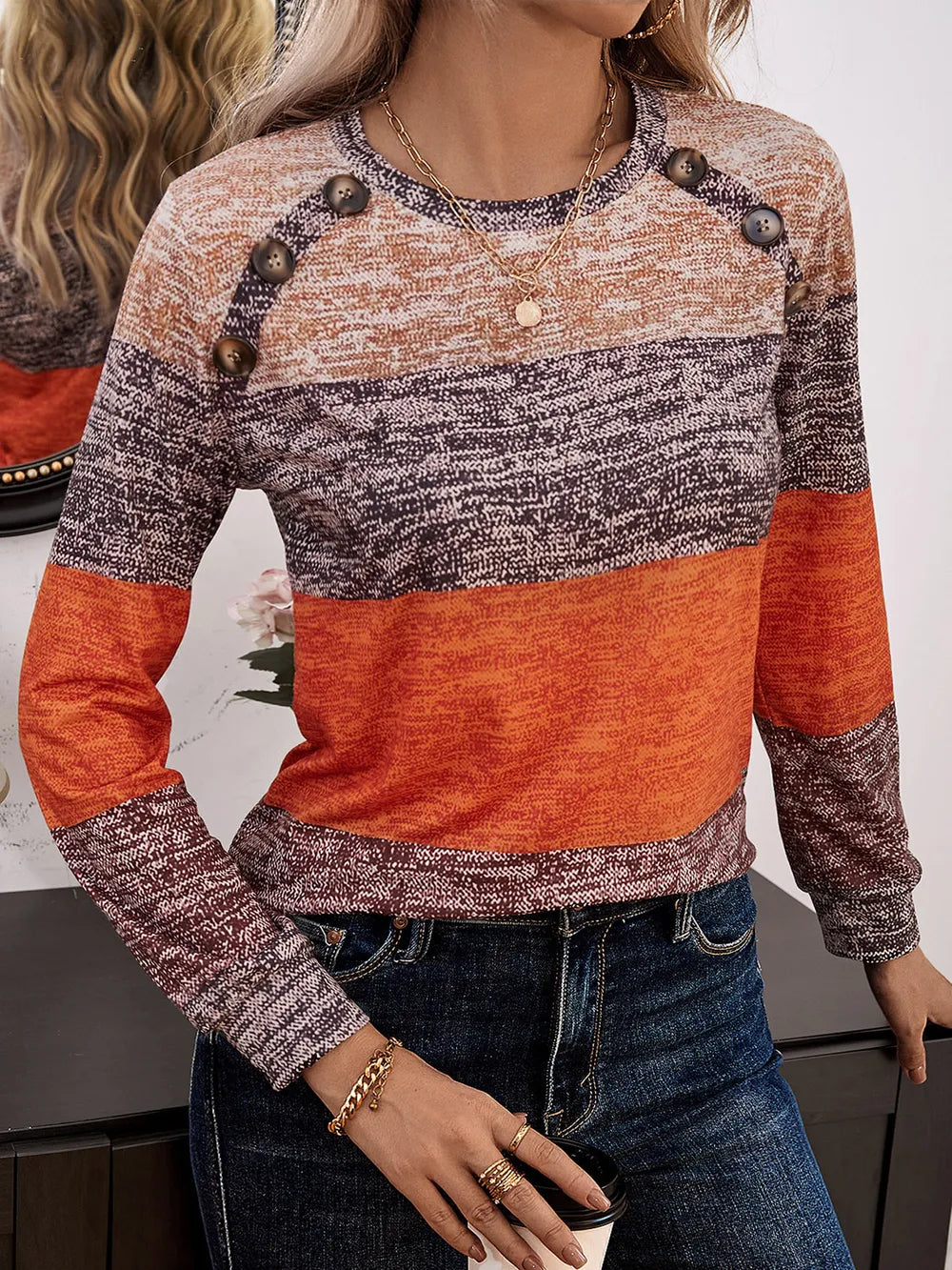 Decorative Button Contrast Round Neck Long Sleeve T-shirt (3)