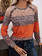 Decorative Button Contrast Round Neck Long Sleeve T-shirt (3)