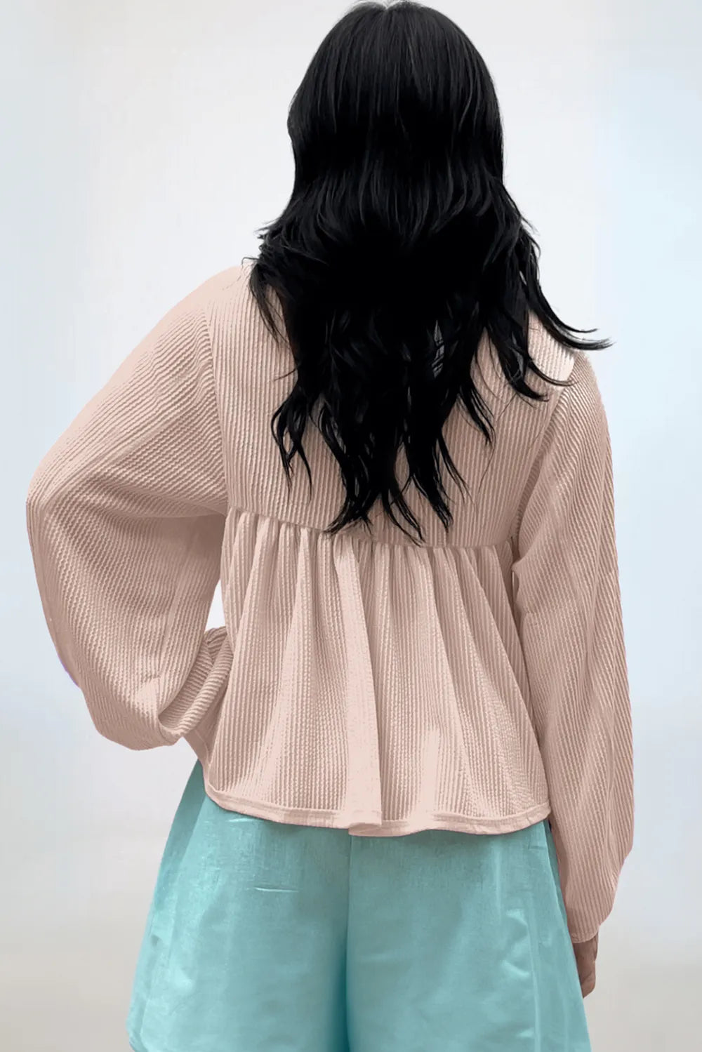 Corded Johnny Collar Long Sleeve Babydoll Blouse (17)