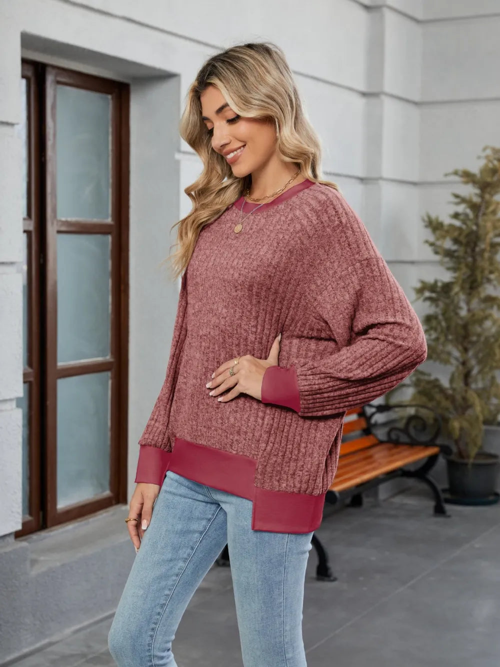 Contrast Trim Round Neck Long Sleeve T-shirt (23)